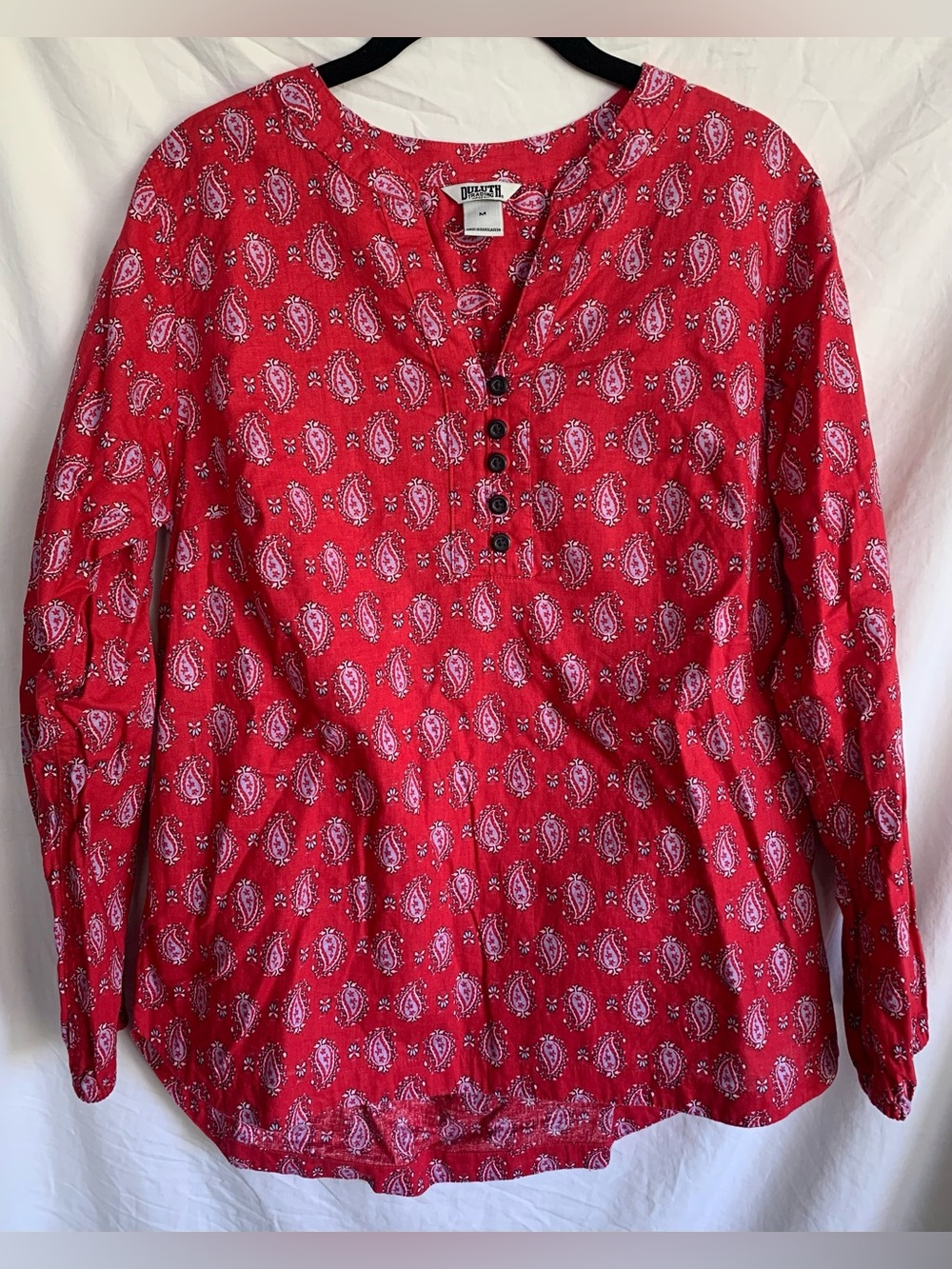 Duluth Trading Co Hemp-Cotton Red Paisley Henley Tunic